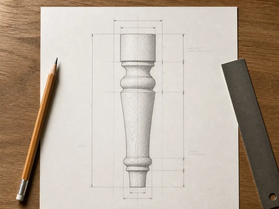 Pencil technical drawing of a turned furniture leg on paper