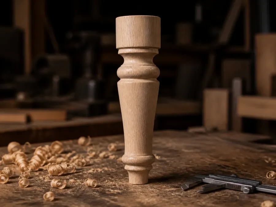 Machined prototype of the turned leg on a workbench