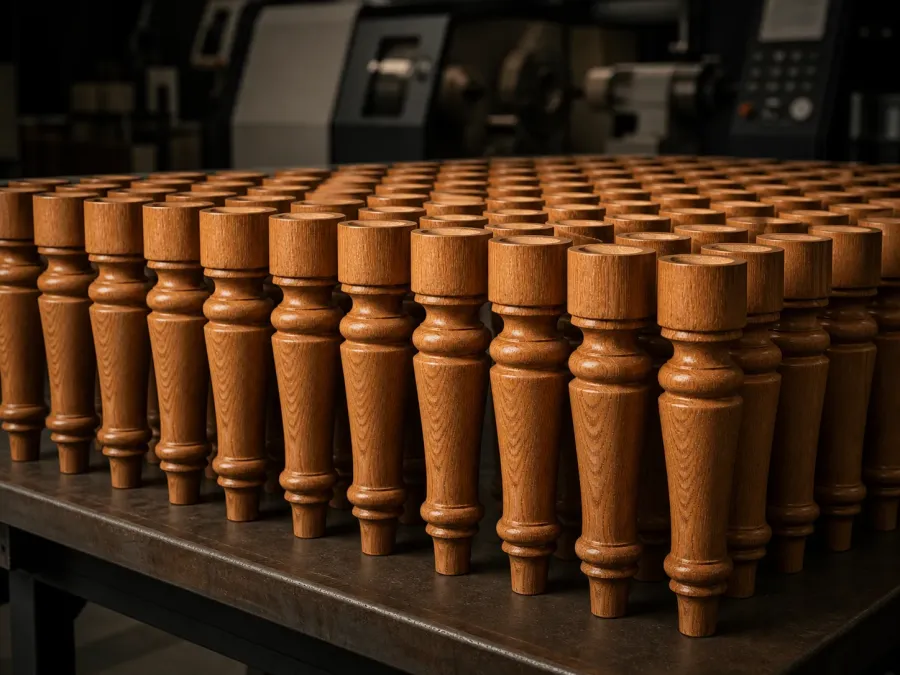 Rows of identical turned legs in series production at the factory